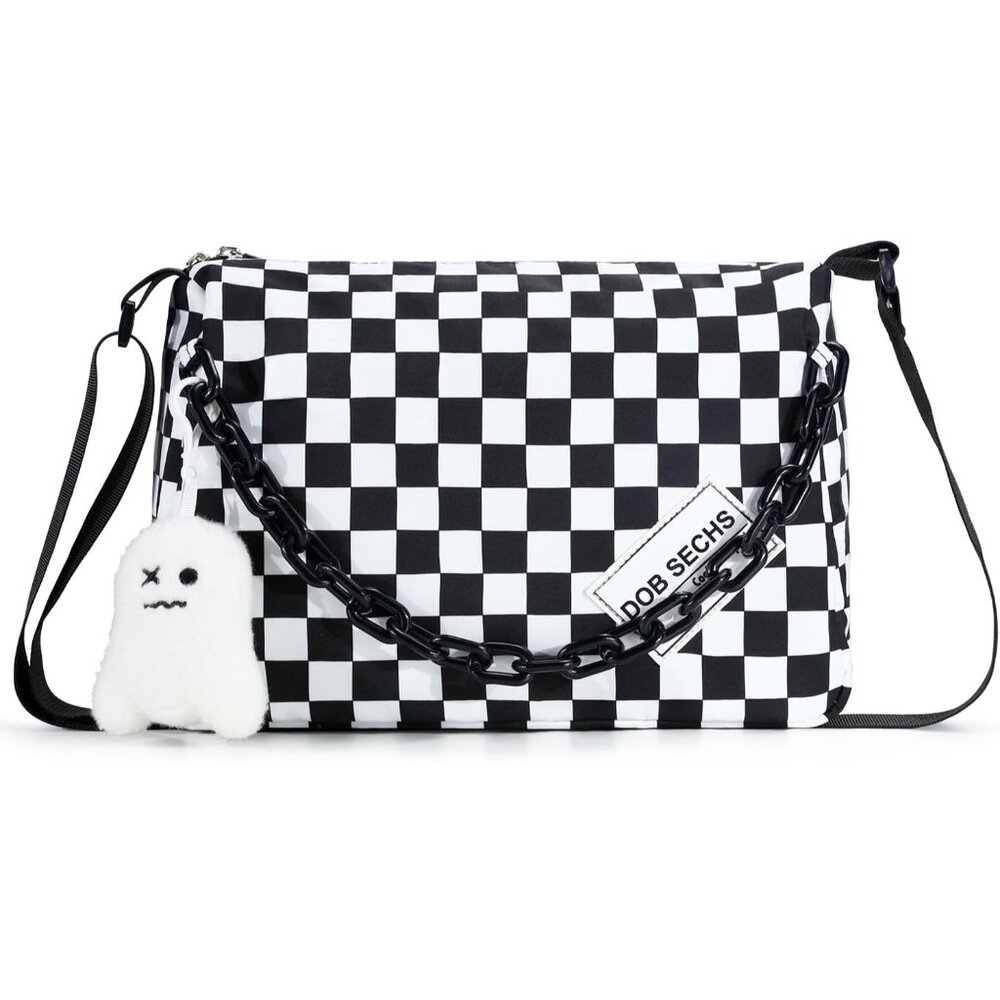 Checkerboard Shoulder Bag with Plush Charm - Black & White